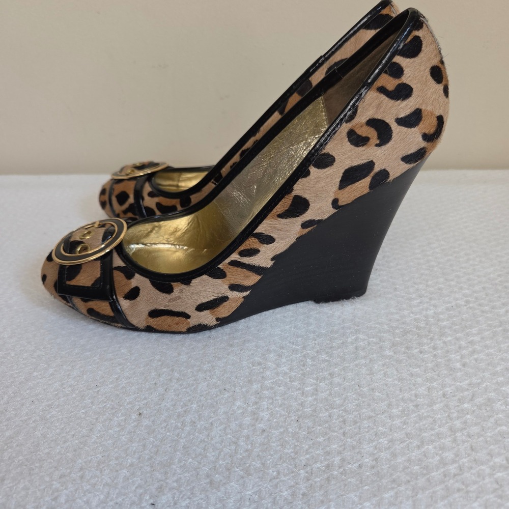 Steve Madden Trea Leopard Calf Hair Wedge Pumps Tan Black Gold Size 9.5M